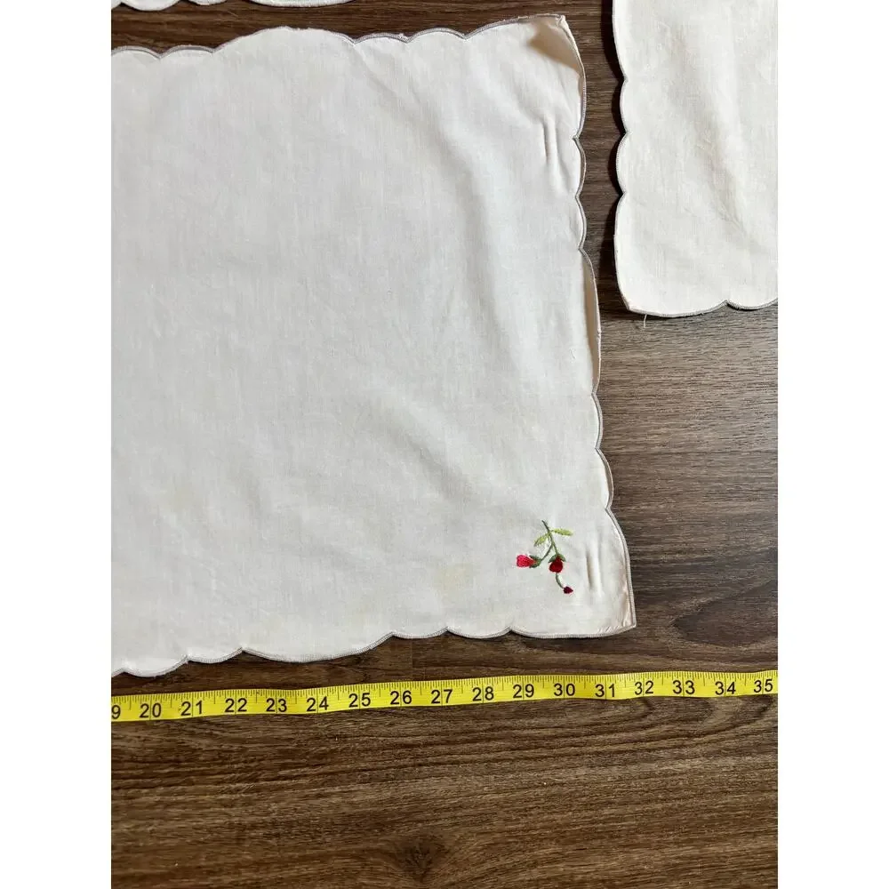 Vintage 5pc Cloth Napkins White Cotton Red Floral Rose Embroidery AS IS 15